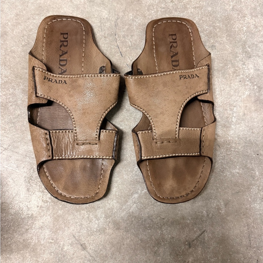 Prada Tan Leather Slide Sandals VINTAGE